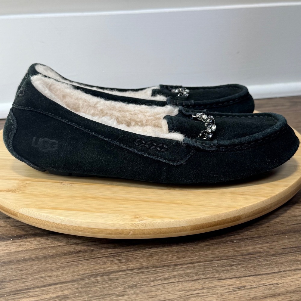 UGG Ansley Crystal Moccasin Slippers Womens 8 Black Suede Embellished